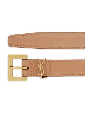 Beige suede belt with logo plaque