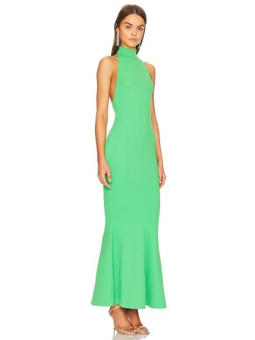 Green Lula high-necked flared long dress