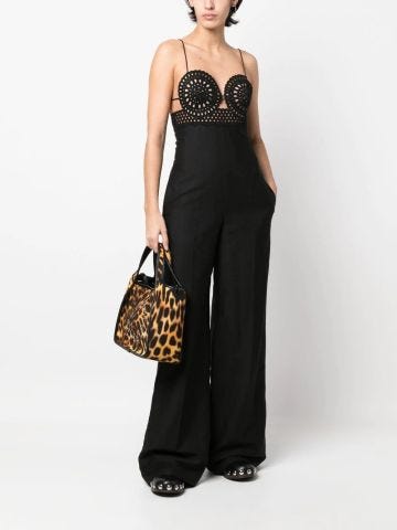 Black flared-leg jumpsuit in broderie anglaise