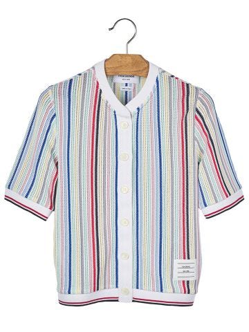 Multicoloured striped net short-sleeved cardigan with flap
