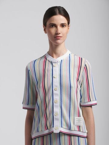 Multicoloured striped net short-sleeved cardigan with flap