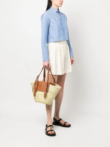 Medium brown basket tote bag with leather details