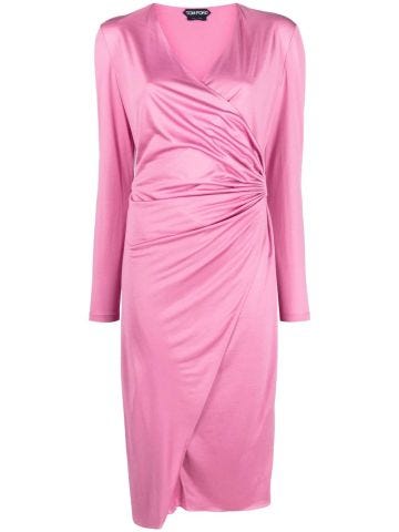 Pink midi wrap dress with ruffles