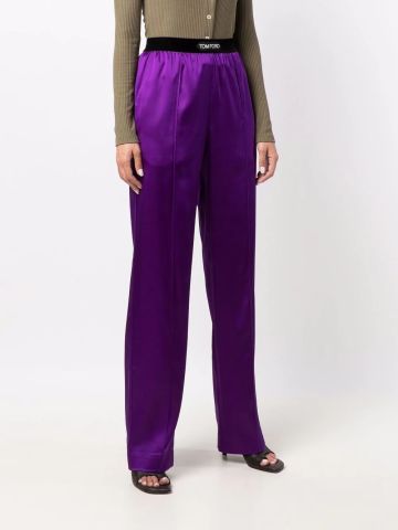 Pantaloni viola dritti con banda elasticizzata in velluto