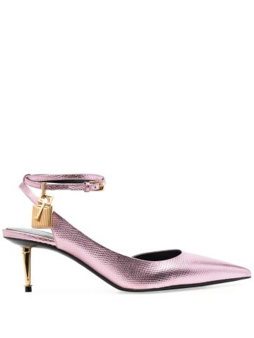 Metallic pink slingback with padlock and gold heel