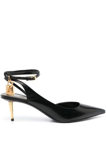 Black slingbacks with padlock and gold heel