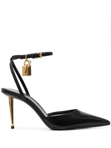 Black slingback with padlock and gold heel
