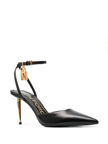 Black slingback with padlock and gold heel