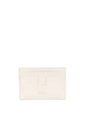 White crocodile-effect card holder with gold logo print