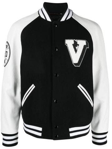 Valentino black bomber jacket with white sleeves and logo appliqués