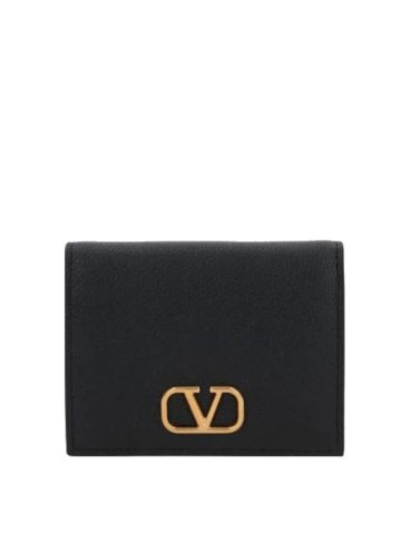 Black grained leather VLOGO bi-fold wallet
