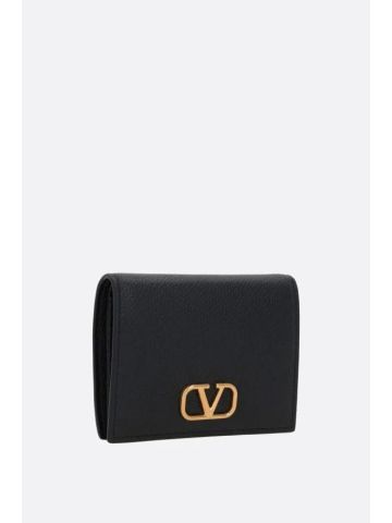 Black grained leather VLOGO bi-fold wallet