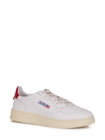 Red and white leather low sneakers