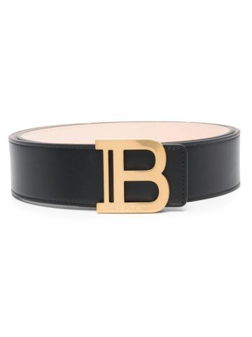 Black leather belt with gold logo plaque