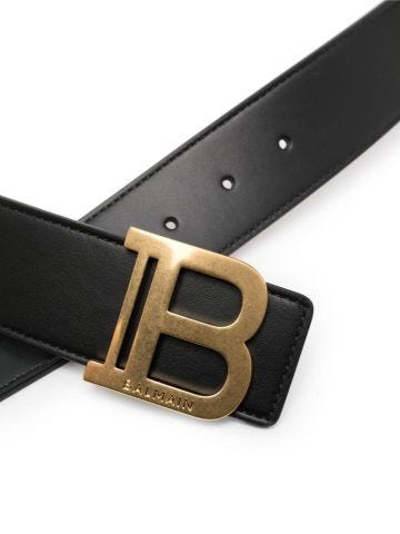 Black leather belt with gold logo plaque