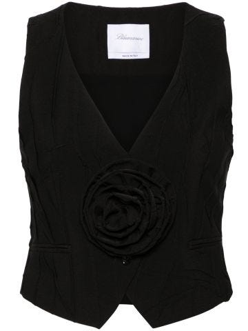 Black floral-appliqué pleated waistcoat