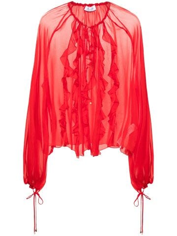 Red ruffle-detail silk blouse