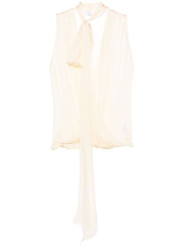 Beige attached-scarf wrap blouse