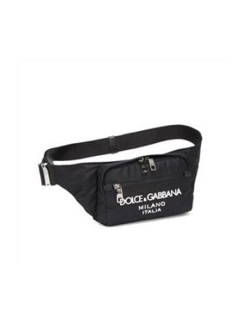Small black nylon fanny pack with rubberised logo