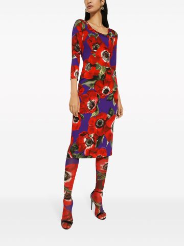 Poppy-print round-neck midi dress