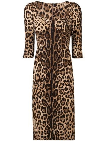 Three-quarter sleeve Leopard midi dress