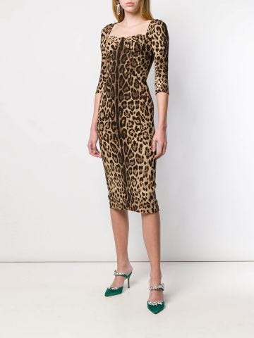 Three-quarter sleeve Leopard midi dress