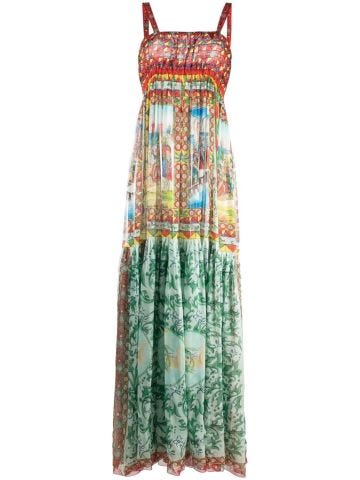 Carretto-print long chiffon dress