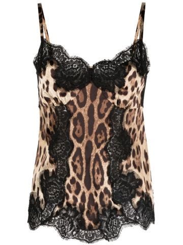Lace-detail leopard-print satin top