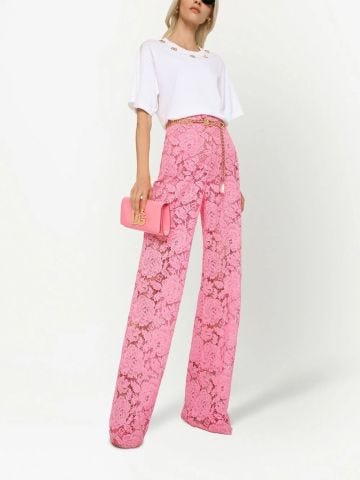 Pink tailored pants in floral lace