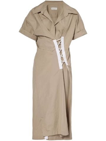 Laced-panel V-neck cotton-poplin midi dress