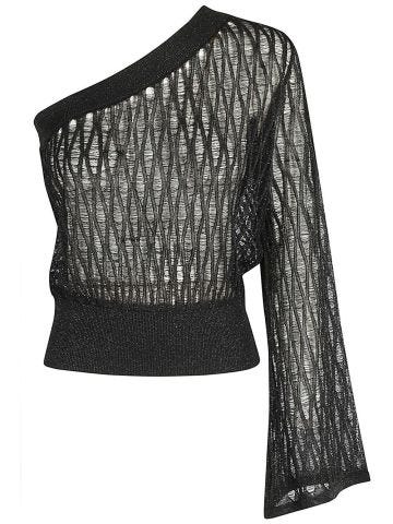 Black one-shoulder sweater in perforated lurex