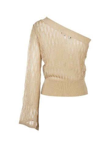 Gold one-shoulder sweater in perforated lurex
