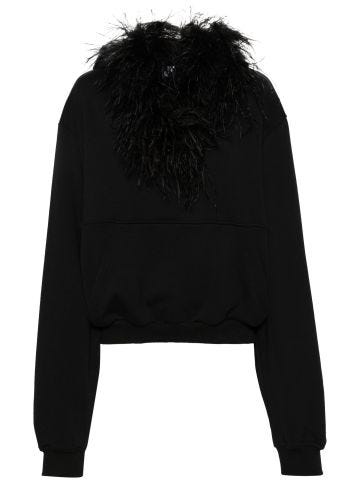 Black crop sweatshirt with feathers