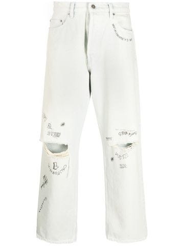 Distressed-effect text-print straight-leg jeans