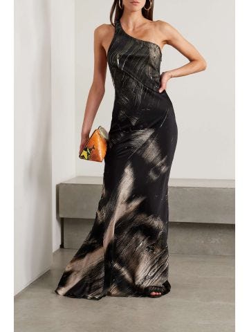 One-shoulder printed stretch-silk maxi dress