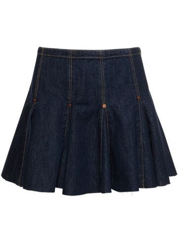 Pleated cotton denim miniskirt