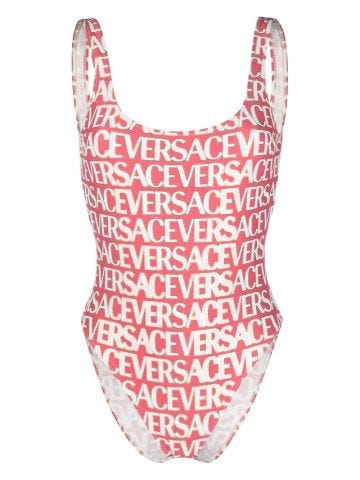 Pink one-piece swimming costume with logo print
