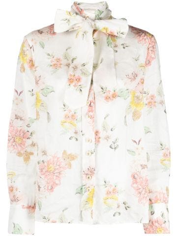 Floral-print ramie blouse