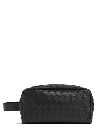 Black clutch bag with intrecciato pattern and handle