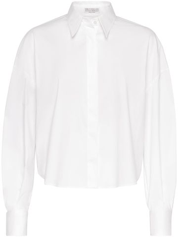 White band-collar cotton-blend shirt