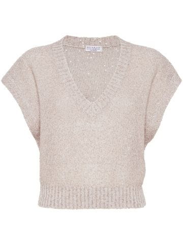 Sequin short-sleeve knitted top