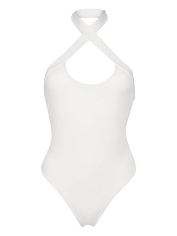 White one-piece swimsuit with back neckline