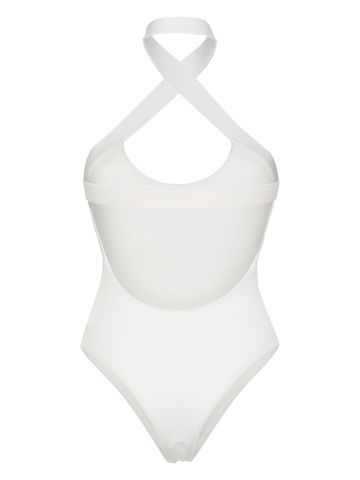 White one-piece swimsuit with back neckline