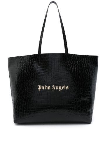 Black crocodile-embossed leather tote bag
