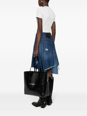Black crocodile-embossed leather tote bag