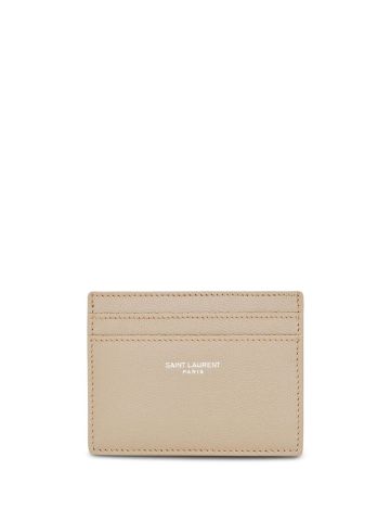Beige leather card holder with logo