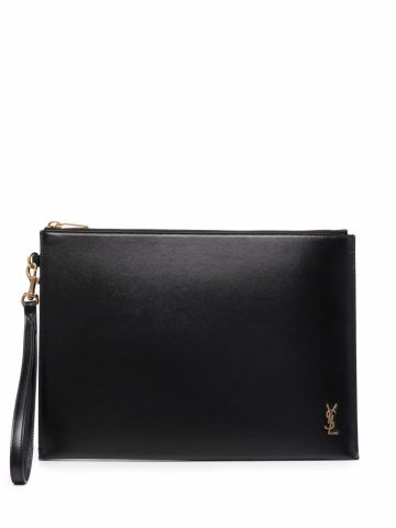 Black clutch with gold logo