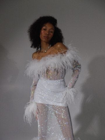 Sparkle White Feathers Top w Open Shoulders
