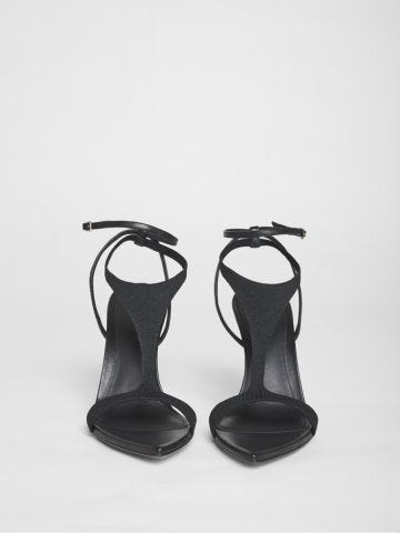 Black fabric stiletto heel sandal