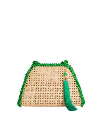 Beige straw shoulder bag with tassel and green beads